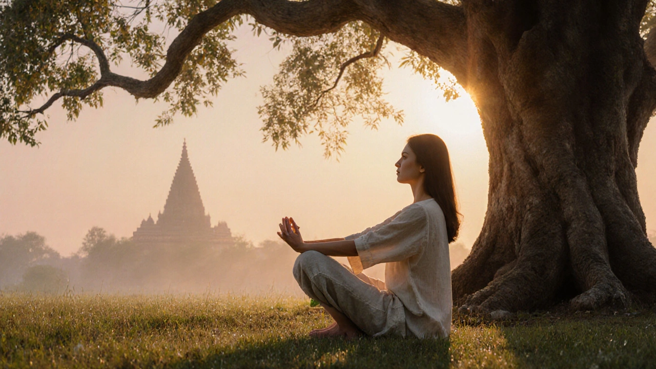 Person doing gentle yoga under a banyan tree at dawn, golden light filtering through leaves, barefoot on dewy grass.