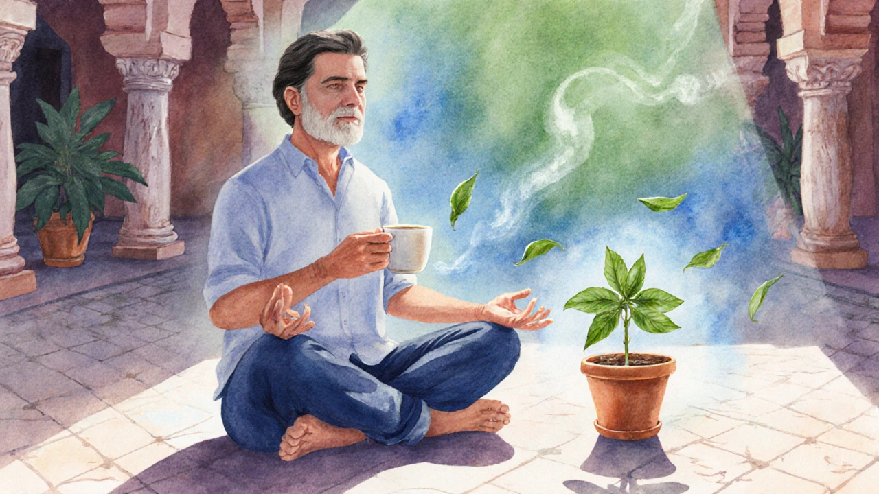 Person meditating with holy basil tea and plant in sunlit courtyard, symbolizing calm.