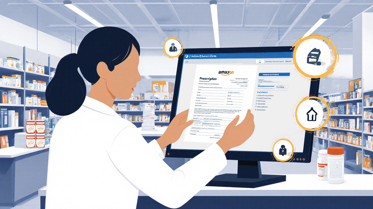 Pharmacist reviewing digital prescription in Amazon fulfillment center.