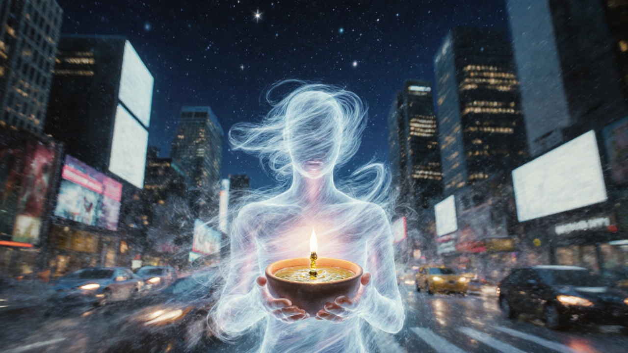 Translucent figure made of wind holds warm soup and oil amid a chaotic city, finding calm.