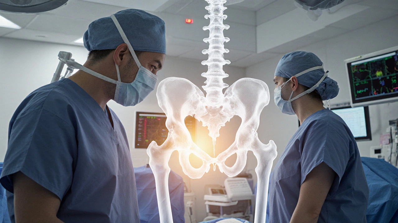 Transparent X-ray of hip surgery in a clean Minnesota hospital operating room.