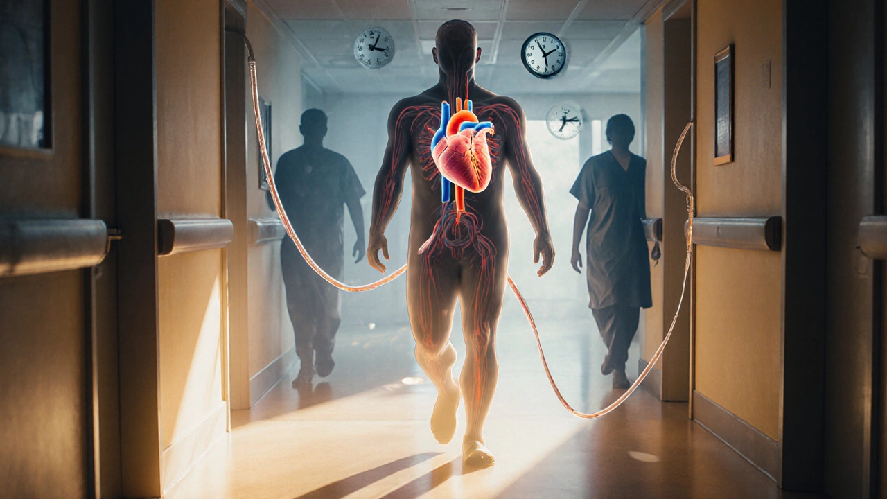Transplant patient walking down a hospital hallway with a glowing new heart visible inside their body, shadows of past illness fading behind.