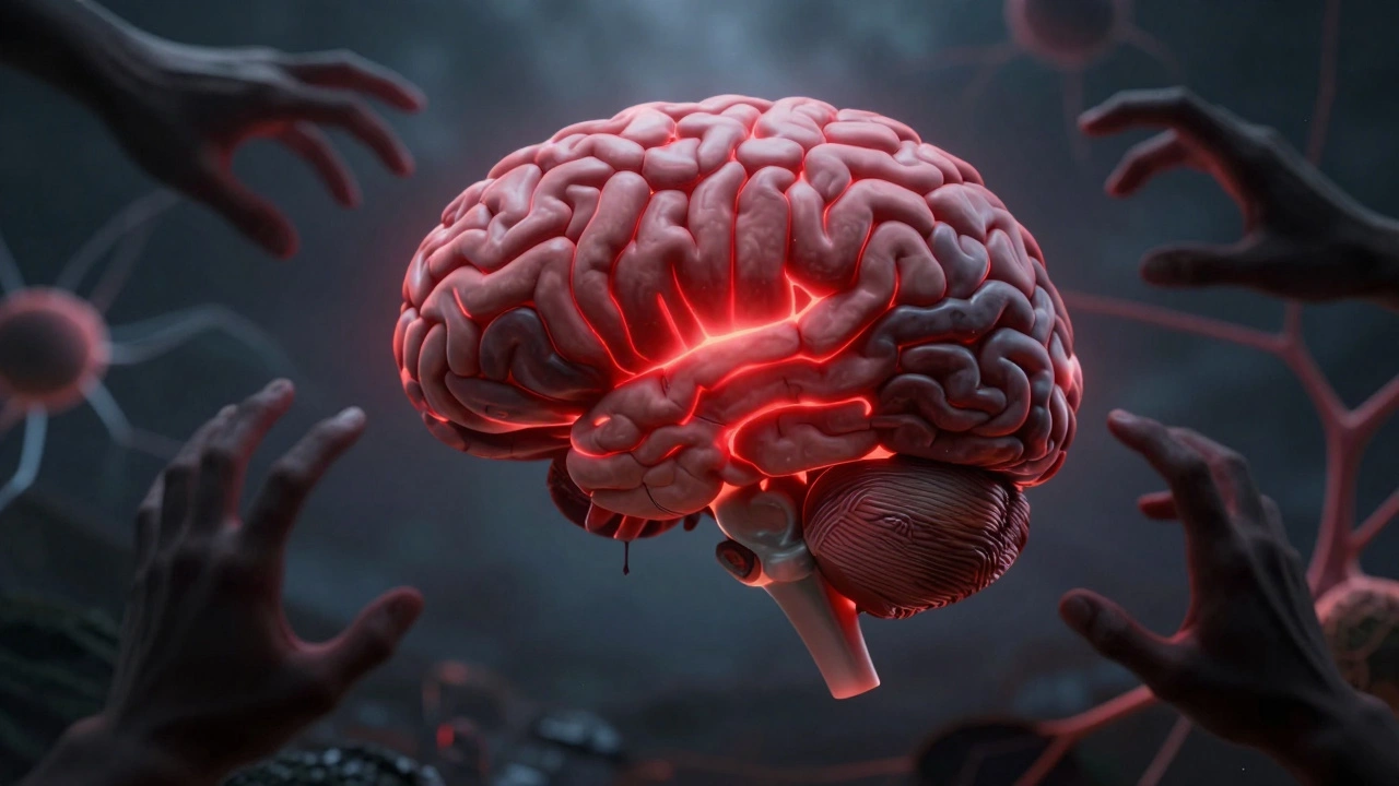 A brain with an overactive red amygdala and dim prefrontal cortex, surrounded by shadowy figures of fear and abandonment.