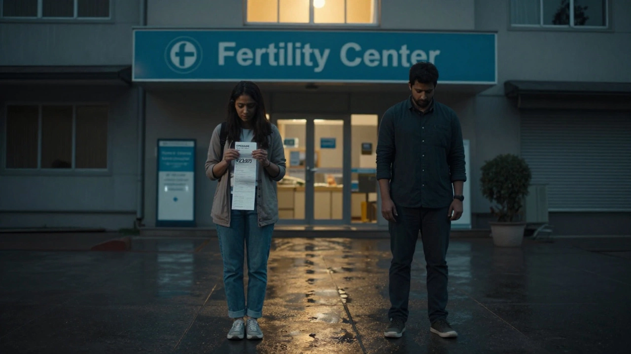 A couple standing outside a fertility clinic at dusk, holding a receipt, shadows separating them.