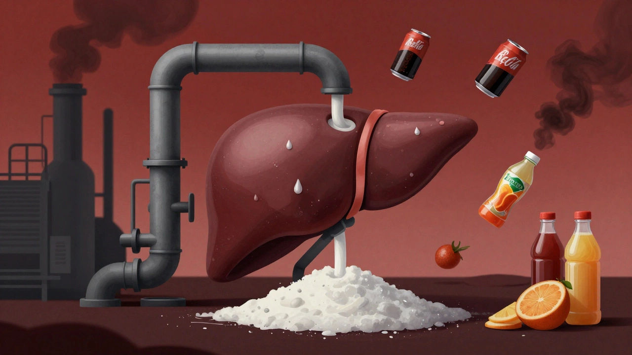 A liver shaped like a factory processing sugary drinks into fat, surrounded by beverage containers.