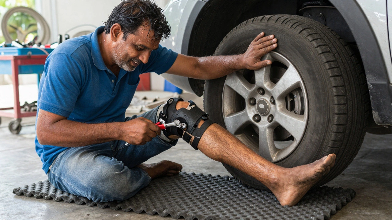 A man in work clothes slowly kneeling on a foam pad under a car, using his hands for support in a garage.