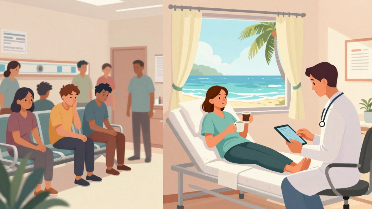 A side-by-side artistic comparison: chaotic U.S. hospital waiting room versus peaceful Costa Rican recovery room with beach view.
