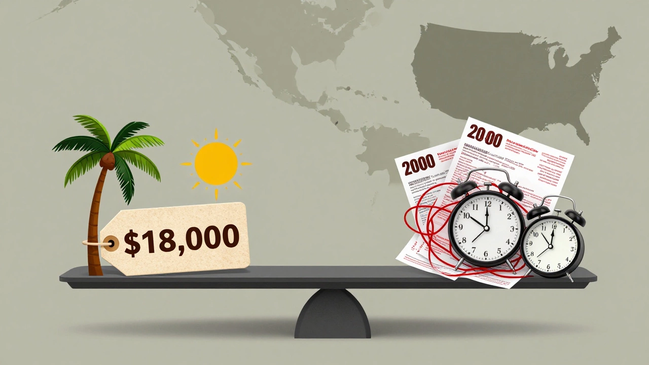 A symbolic scale balancing low-cost medical care in Costa Rica against high-cost U.S. healthcare with insurance paperwork and a ticking clock.