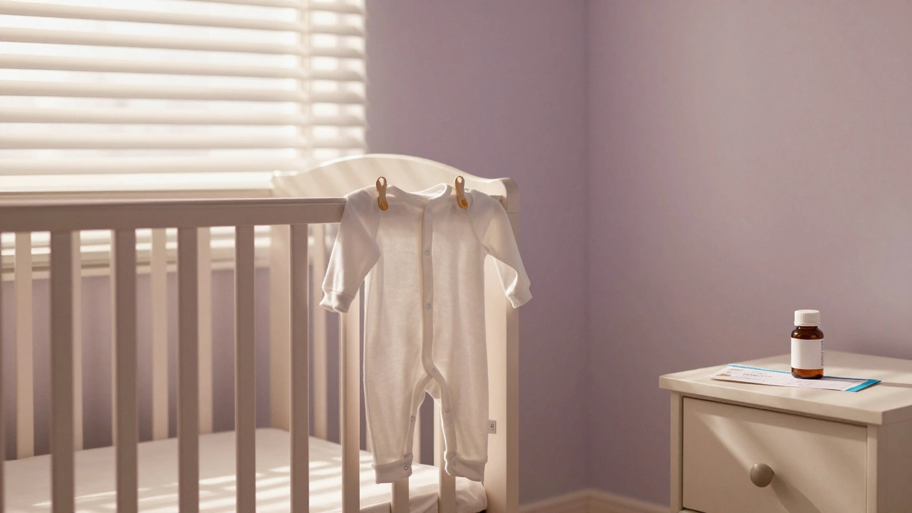 An empty nursery with a onesie on the crib and fertility medication on the nightstand.