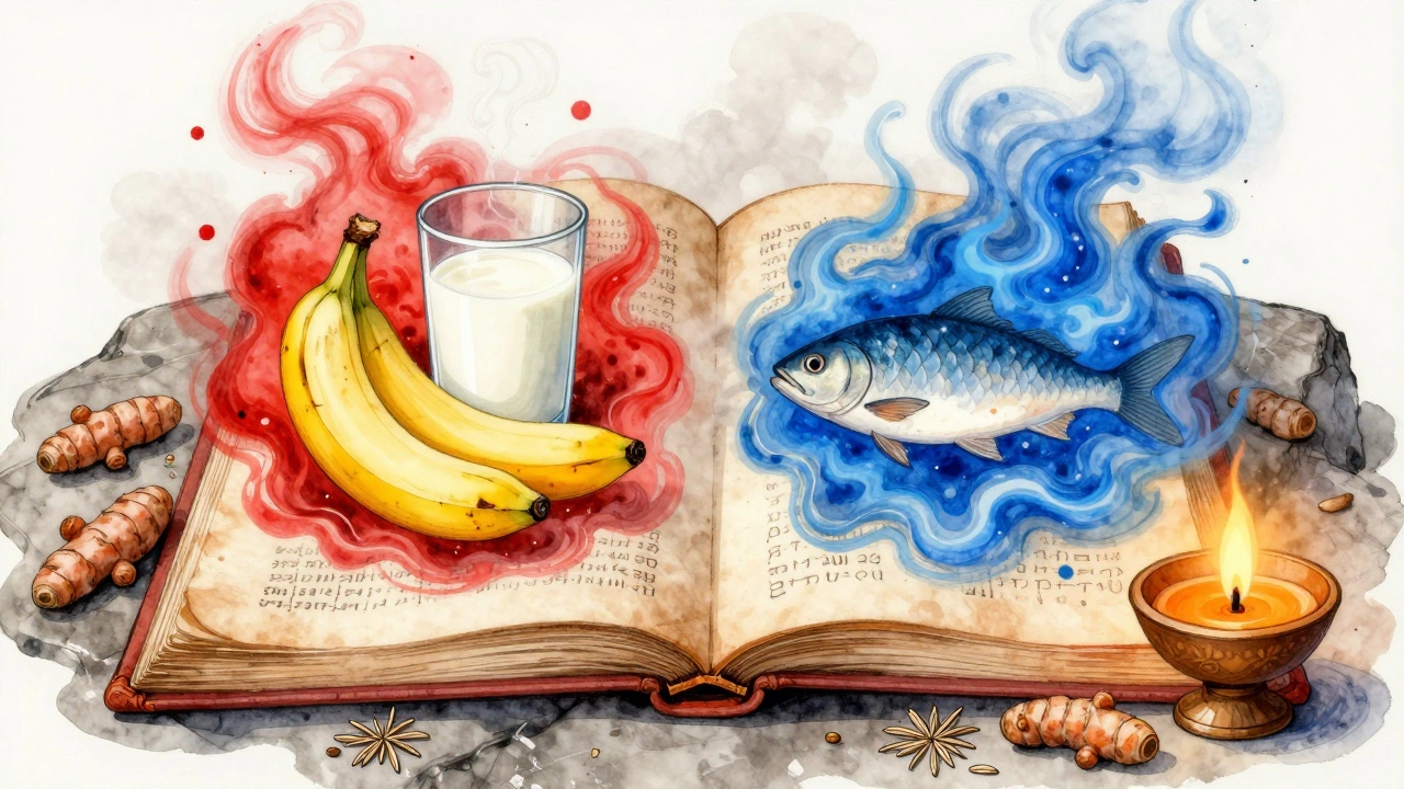 Ancient manuscript showing clashing food energies with spices and a ghee lamp nearby.