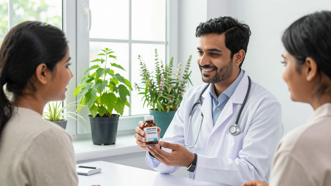 Christian doctor giving herbal supplement to patient in clinic.