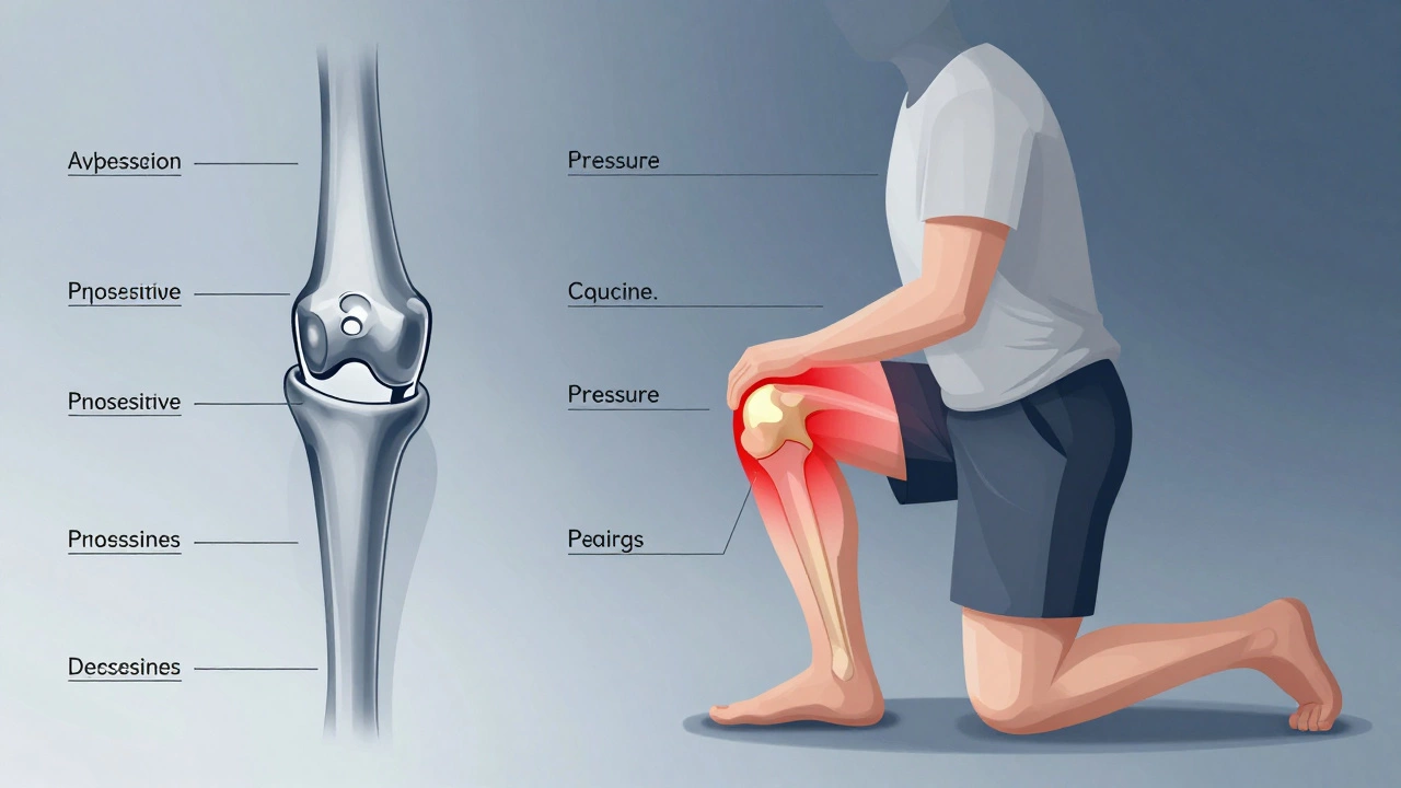 Cross-section of modern vs. old knee implant designs, showing reduced bulk and improved flexion for kneeling.