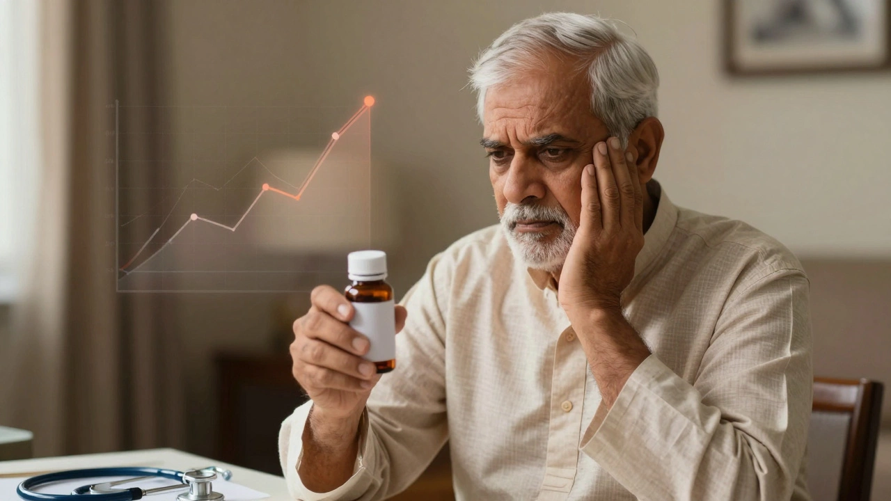Elderly man holding unmarked herbal supplement as a rising blood pressure graph appears behind him.