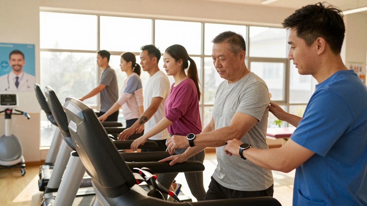 Group of patients walking in cardiac rehab center under therapist supervision