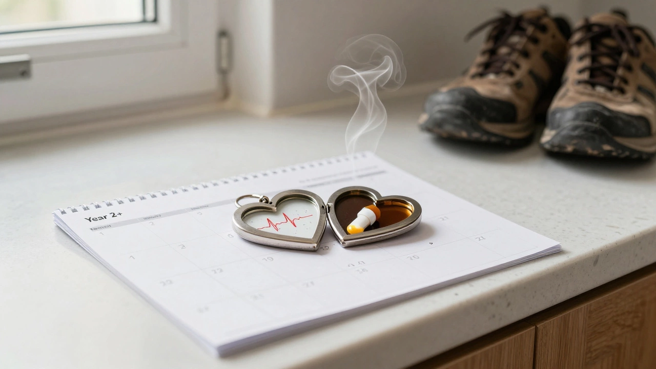 Heart-shaped locket with ECG line on kitchen counter beside coffee and walking shoes, symbolizing lifelong care.