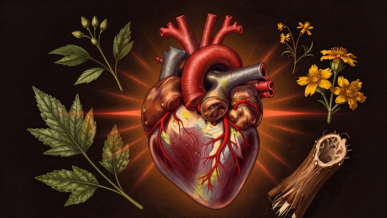 Human heart surrounded by dangerous herbs, with red veins pulsing outward in symbolic warning.