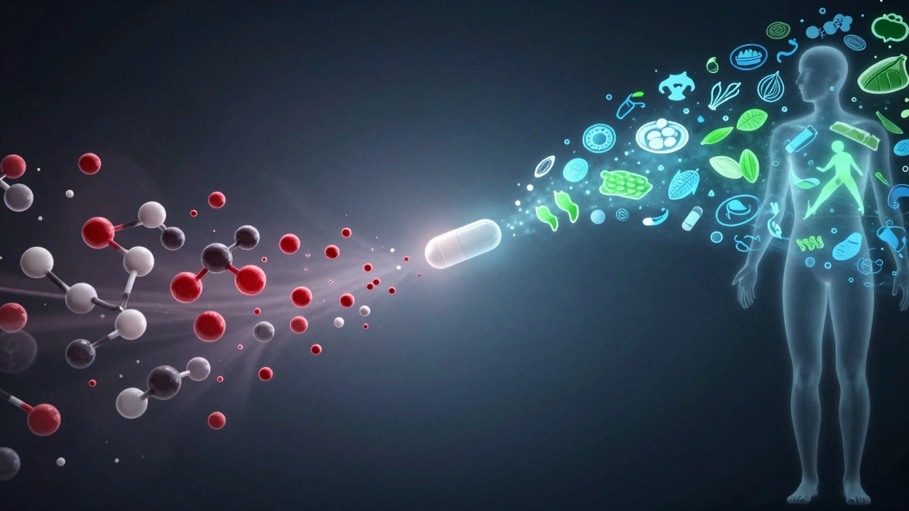 Human silhouette with metabolic icons showing fat storage vs. healthy habits