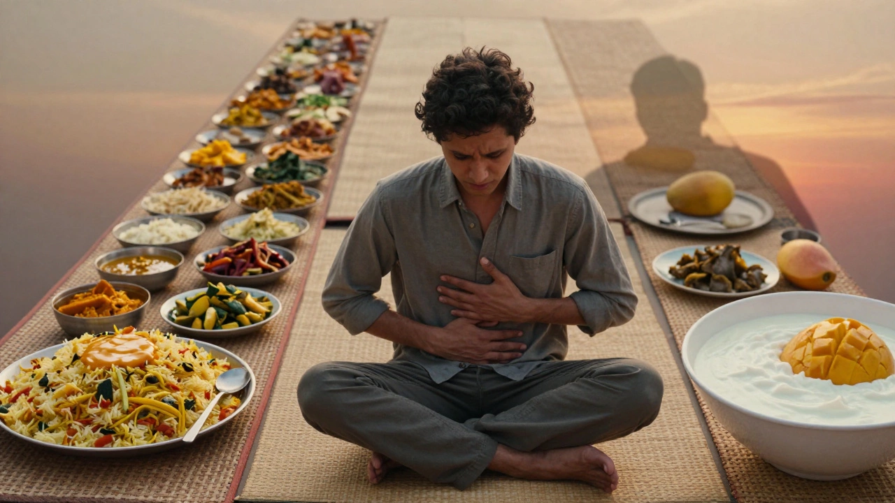 Person with stomach discomfort, behind them contrasting healthy and harmful food pairings.