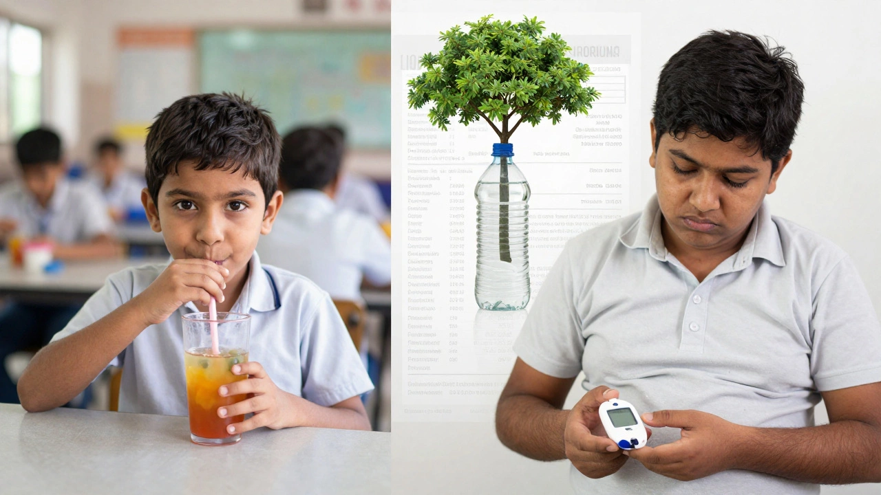 Split image: child drinking soda versus adult with health monitor, showing long-term impact.