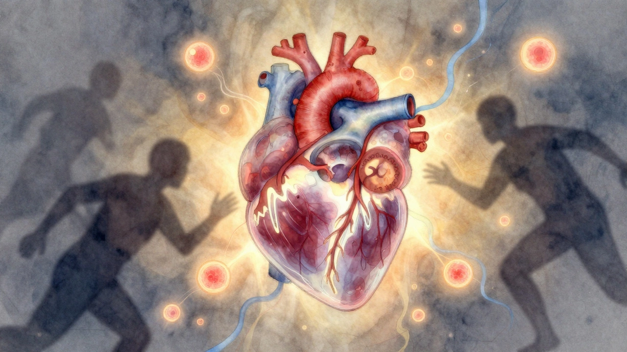 Translucent heart showing a donor organ beating inside, immune cells retreating in symbolic illustration.