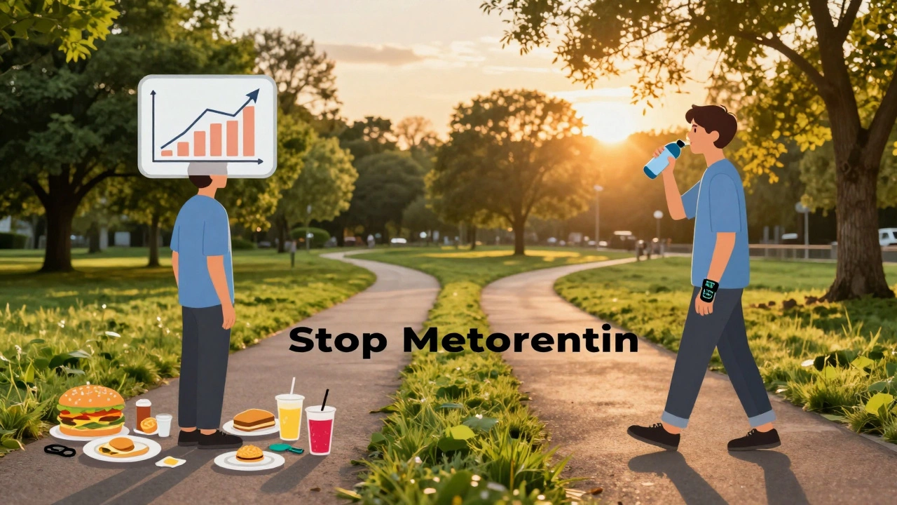 Two paths showing lifestyle choices after stopping metformin: unhealthy vs. healthy habits