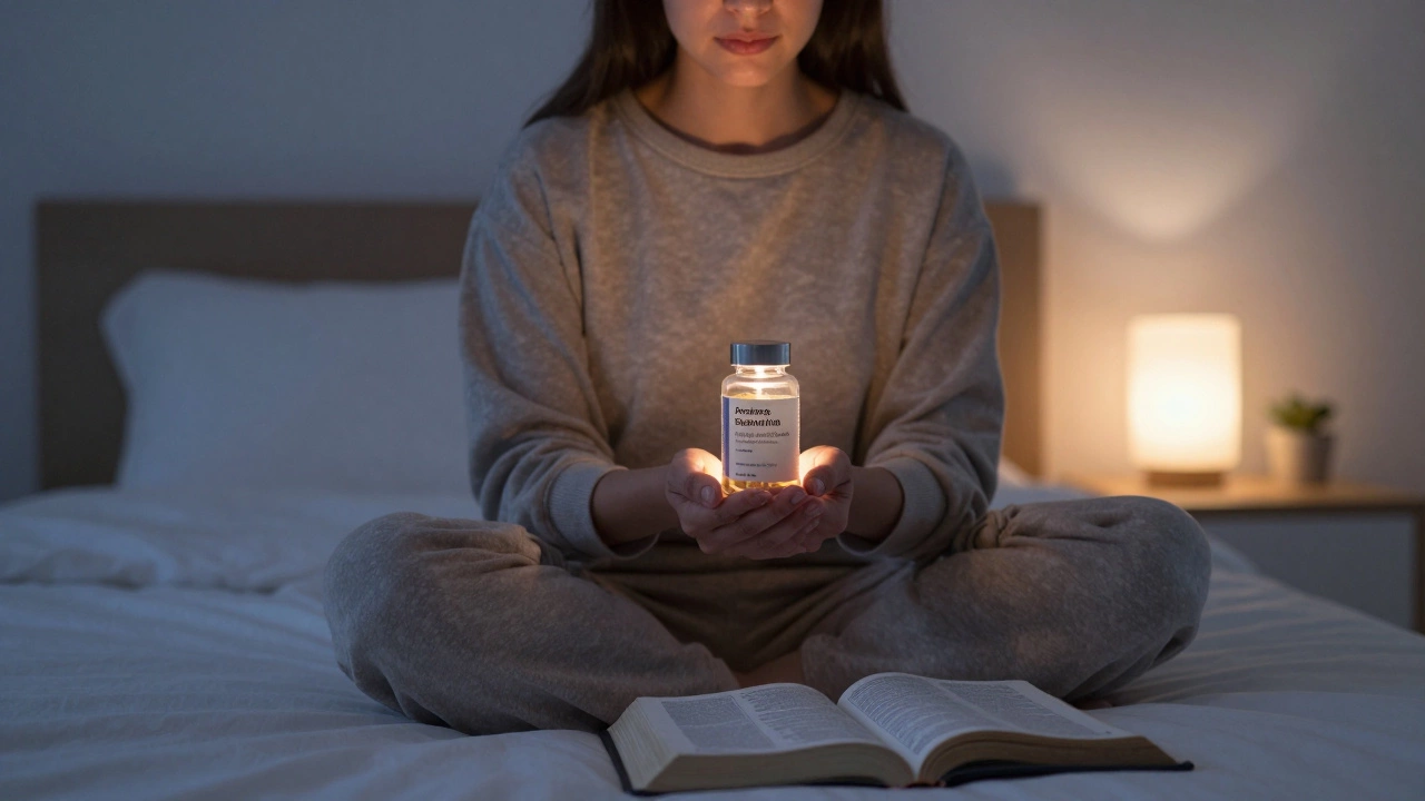 Woman praying with herbal supplement bottle in softly lit bedroom.