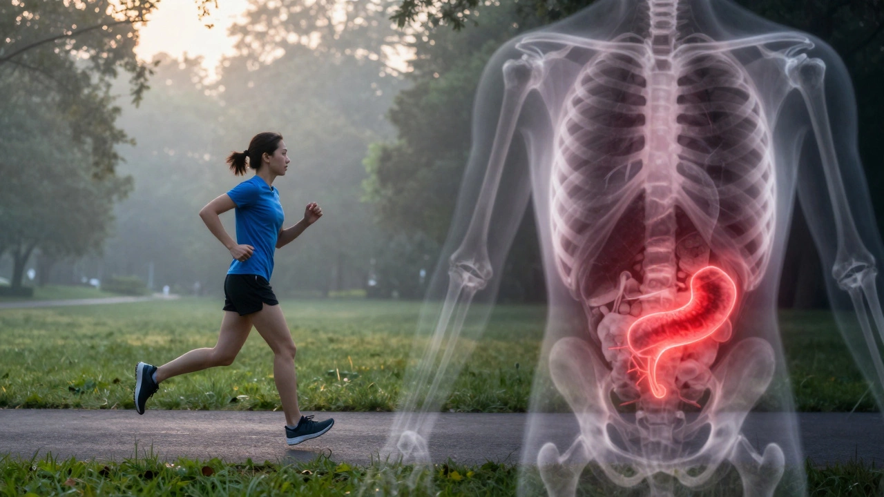 A person jogs outside looking healthy, while an internal X-ray reveals a hidden tumor in the pancreas.