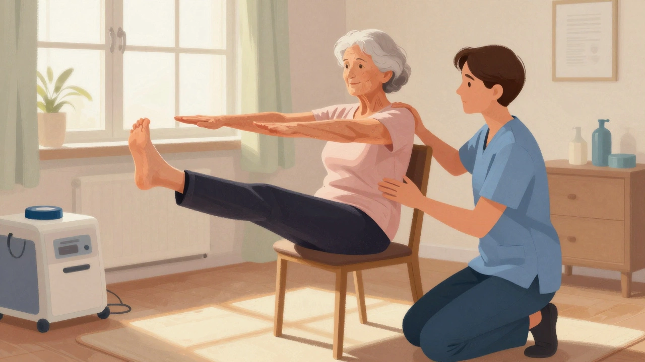 A senior woman performing physical therapy exercises with a therapist's support at home.