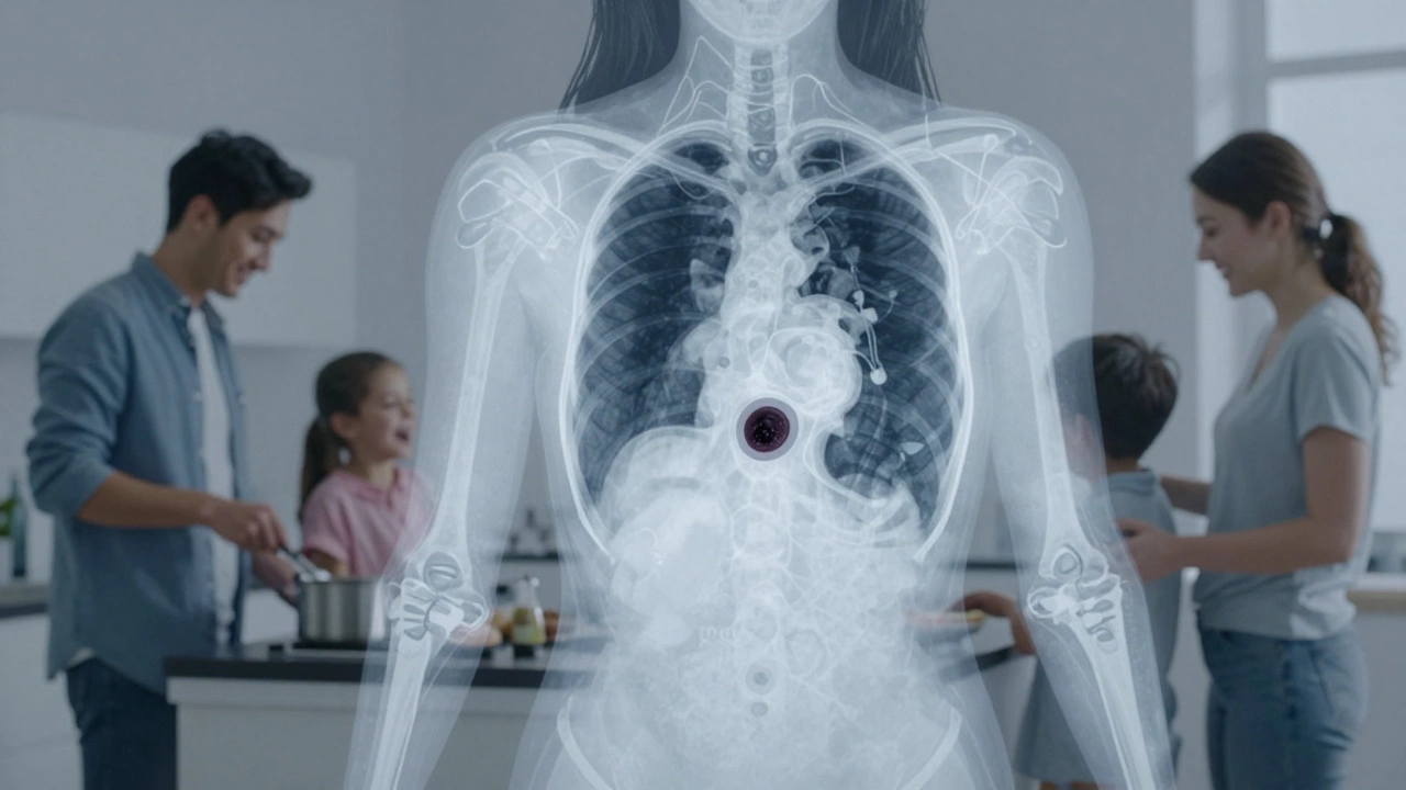 A woman going about her day with a hidden ovarian tumor visible in a translucent medical scan.