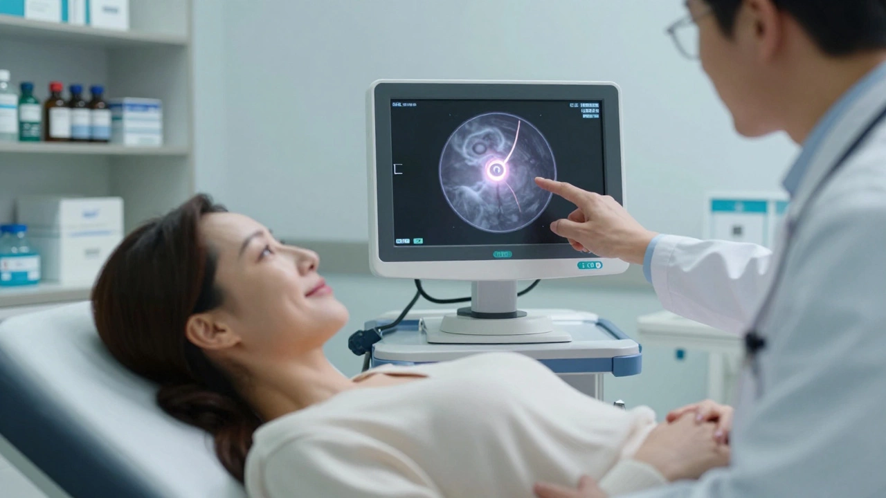 A woman receives a colonoscopy, with a doctor showing a screen displaying a small polyp being removed.