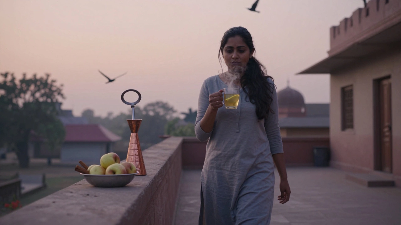 A woman walking at dawn holding warm lemon water, with cooked apples and scraper on a stone ledge behind her.