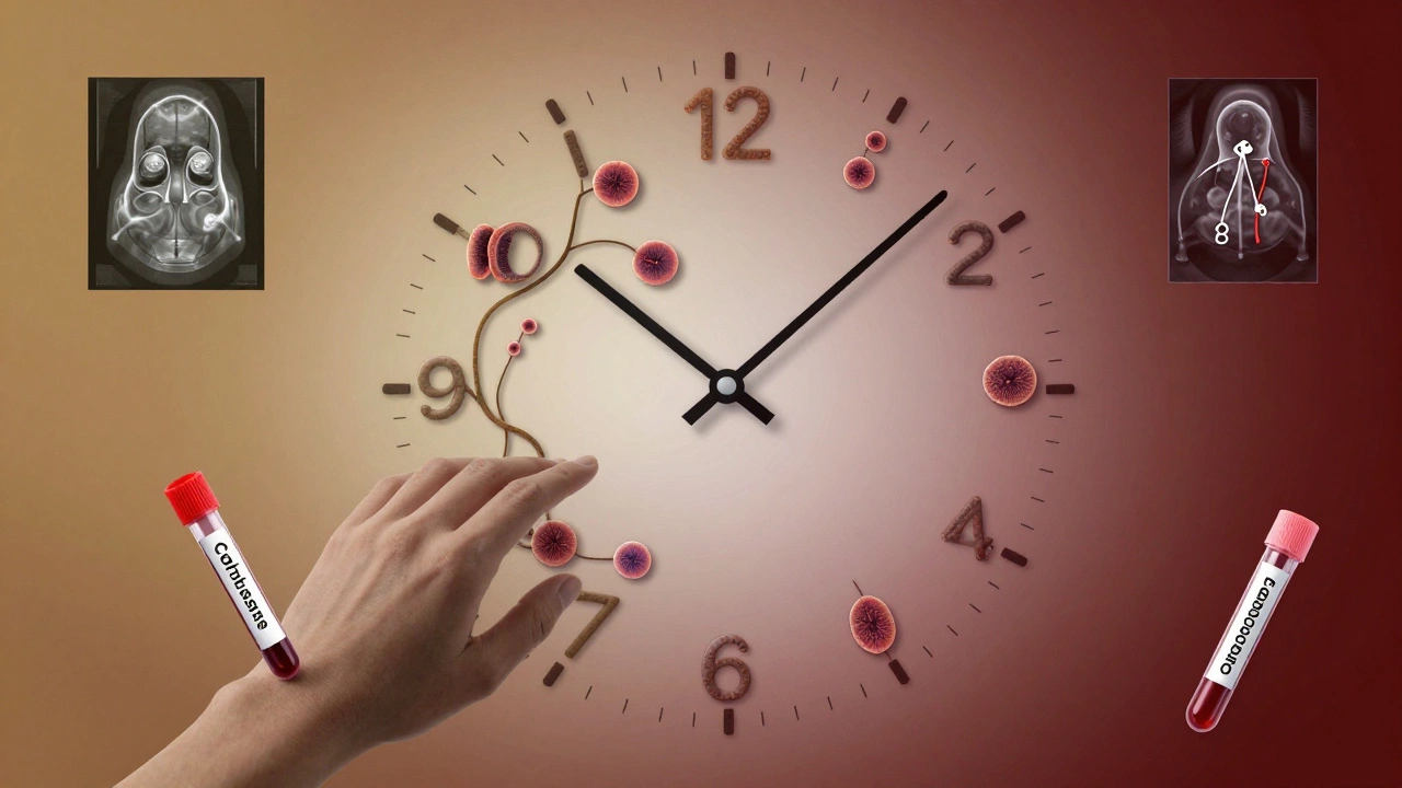 An abstract clock made of cells, with cancer spreading as time ticks toward detection.
