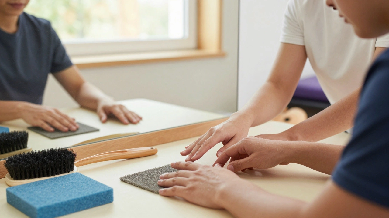 Physical therapist helping patient retrain sensation in numb hand during therapy session.