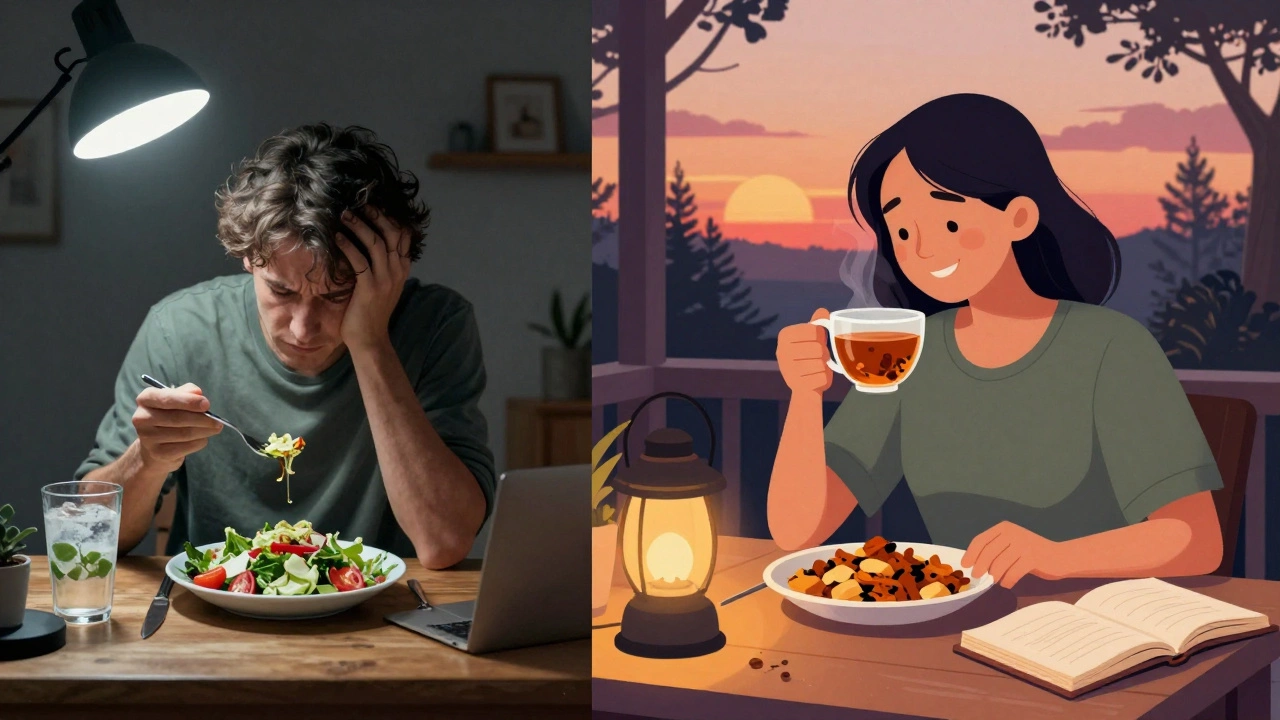 Split image: stressed person eating cold food vs. calm person enjoying warm ayurvedic meal at sunset.