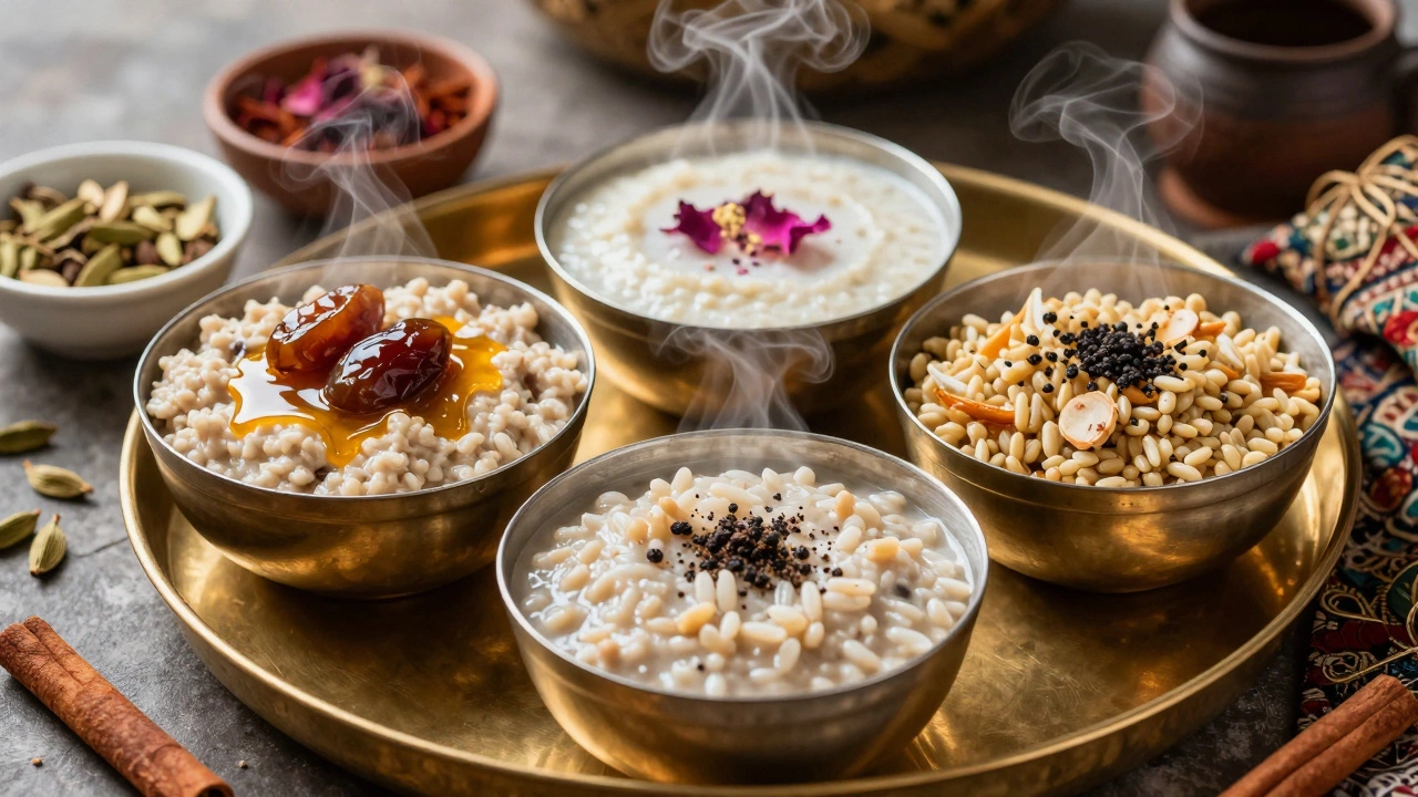 Three Ayurvedic breakfast bowls—oatmeal, rice pudding, and barley porridge—each tailored to a different dosha.