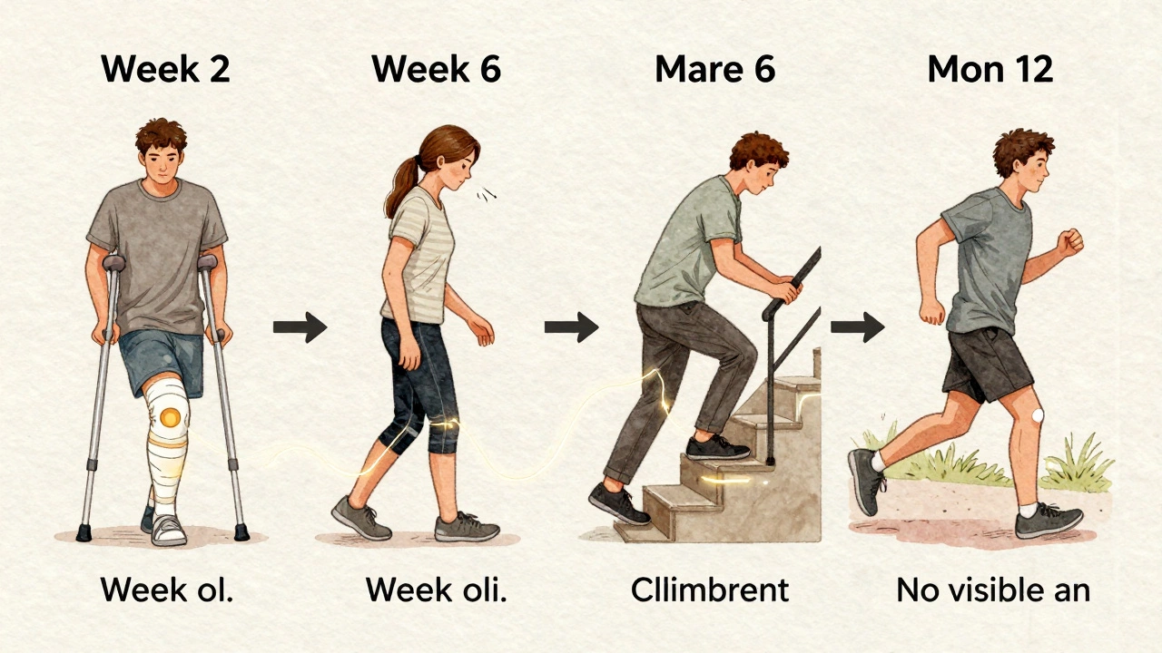 Timeline illustration showing knee replacement recovery stages from crutches to jogging, watercolor style.