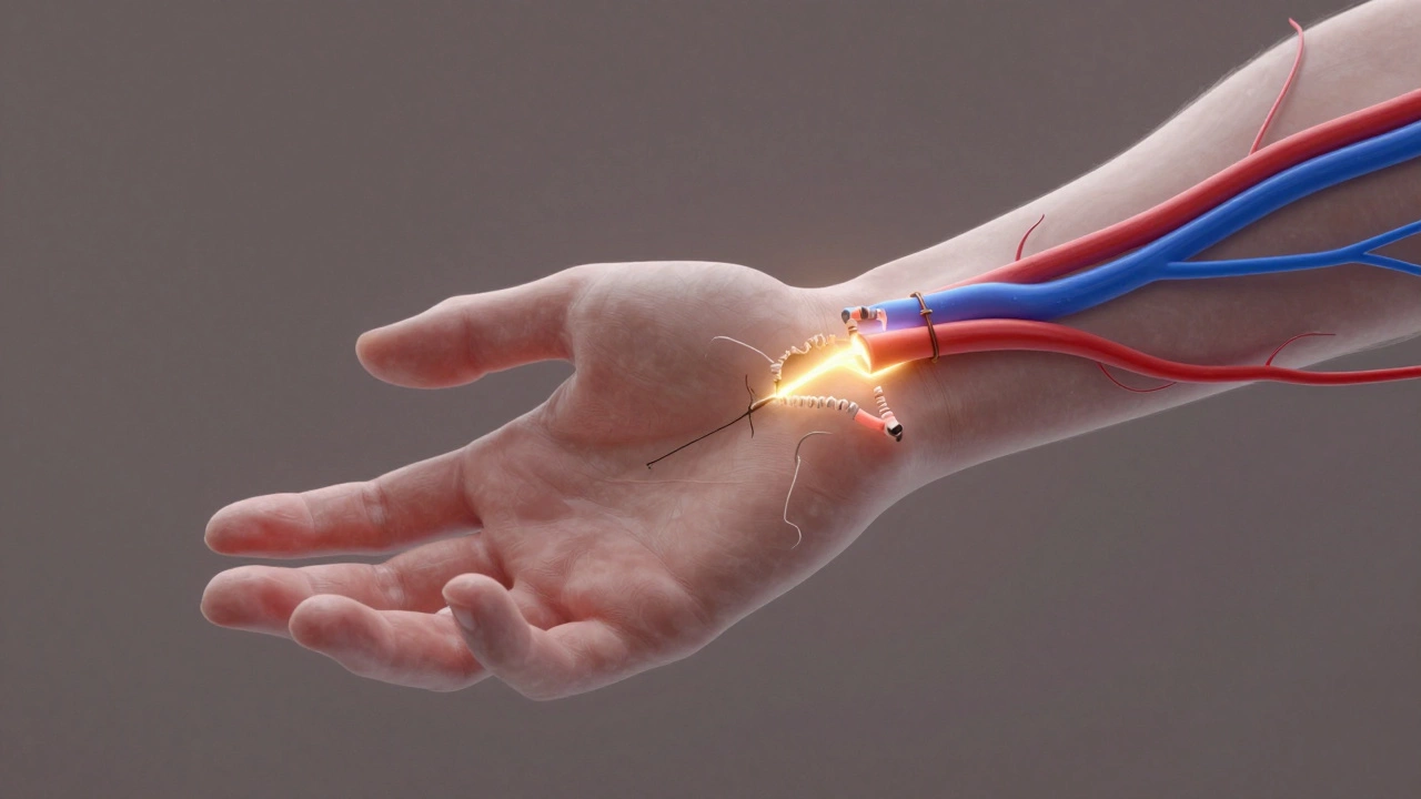 Translucent hand showing damaged and repaired nerve pathways with glowing regeneration light.