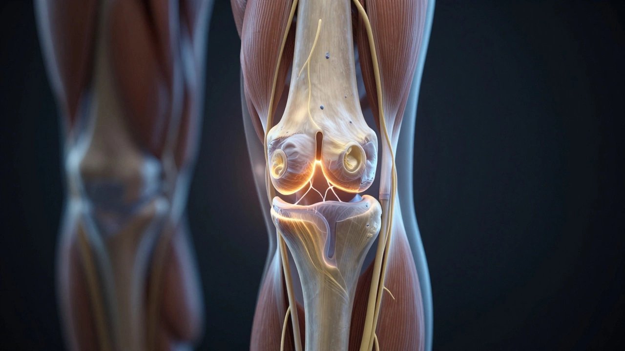 Transparent layered knee joint showing healing tissues, glowing blue and gold light, medical art style.