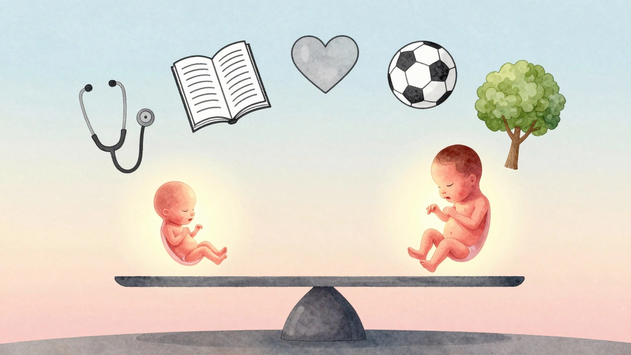 A balanced scale compares IVF and natural conception, with symbols of health and growth rising above.