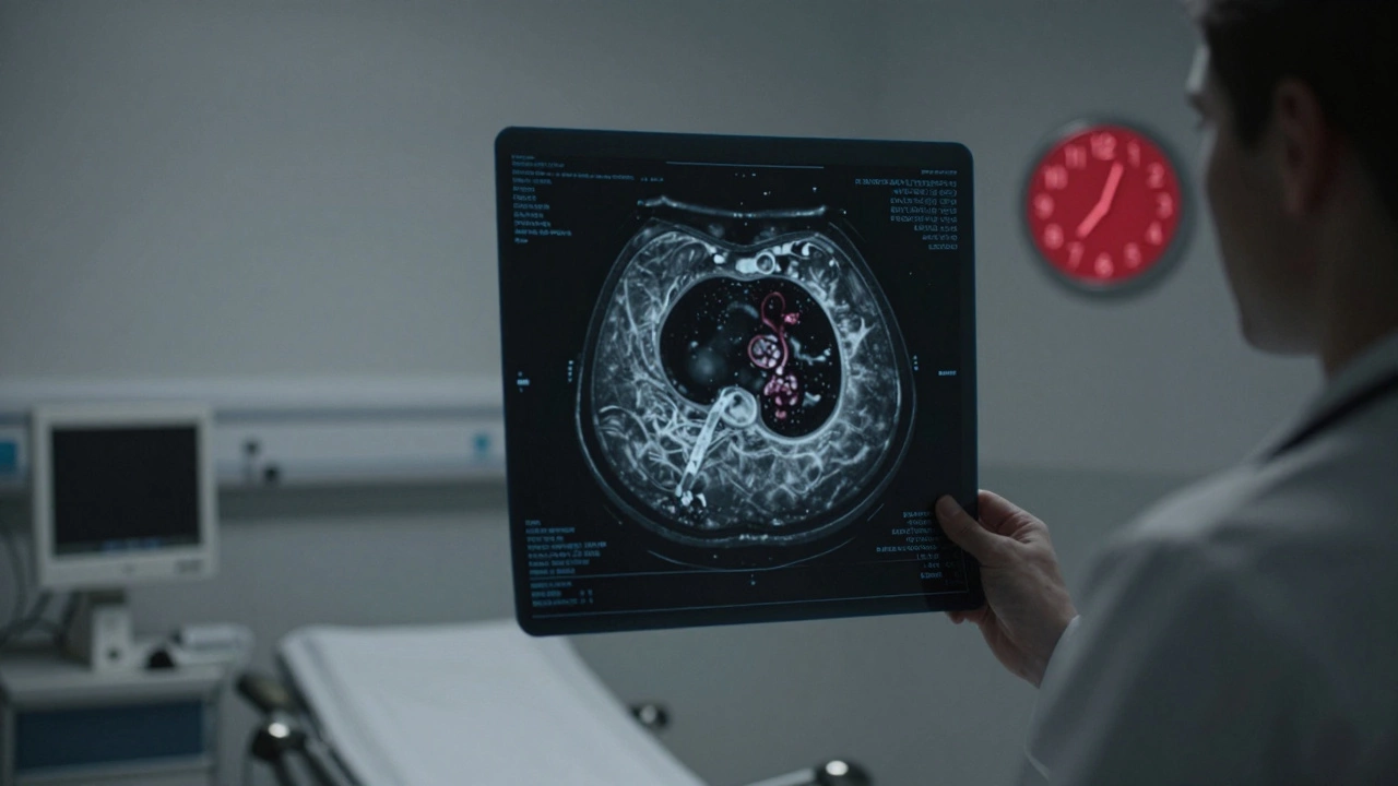 A doctor examining a CT scan showing advanced pancreatic cancer with a clock showing six months.
