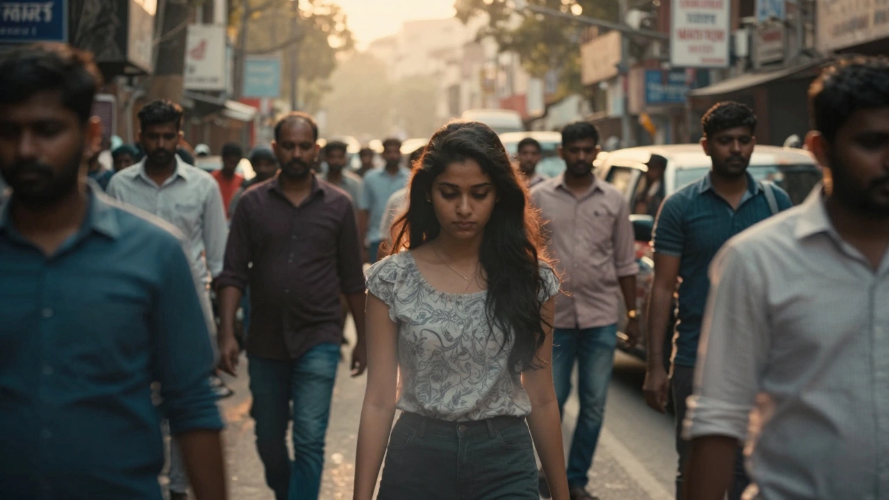A faintly translucent young woman standing still amid a crowded Indian street, unnoticed by the rushing crowd.