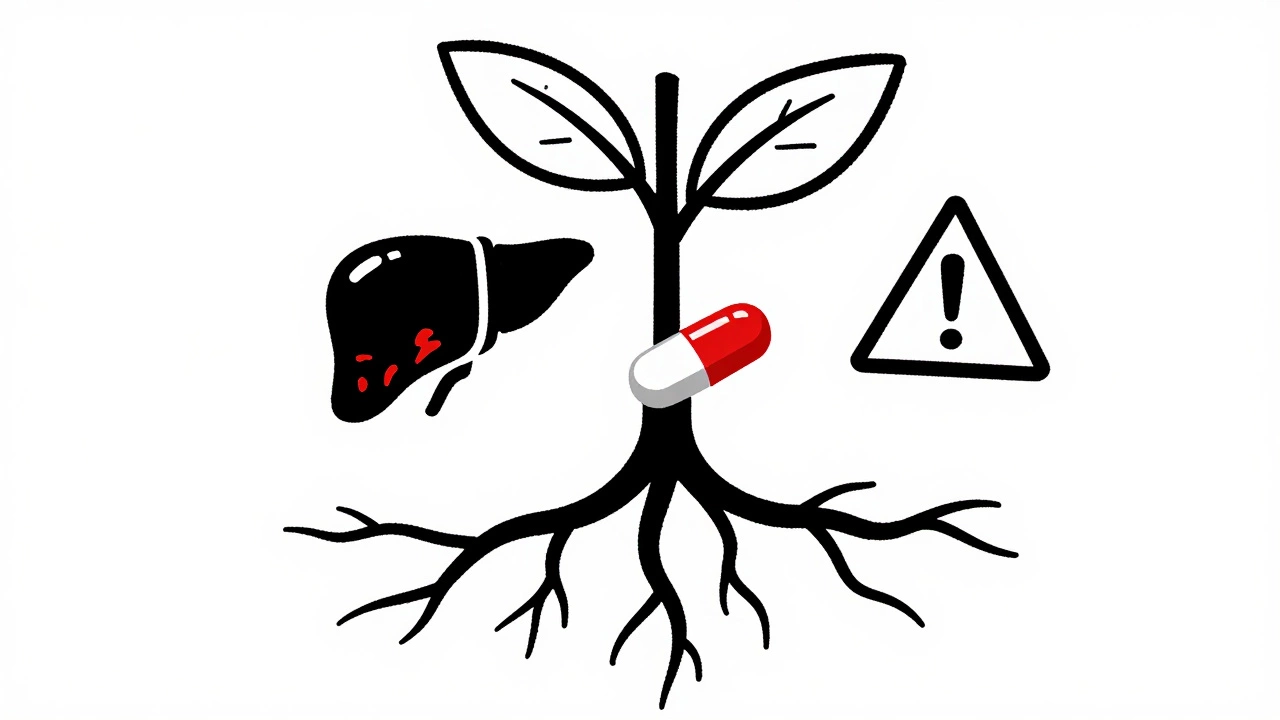 A plant root turning into a pill with hidden dangers like a damaged liver and concealed drugs.