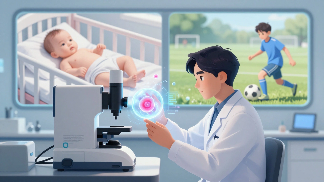 A scientist examines an embryo using AI-powered imaging technology in a modern fertility clinic.