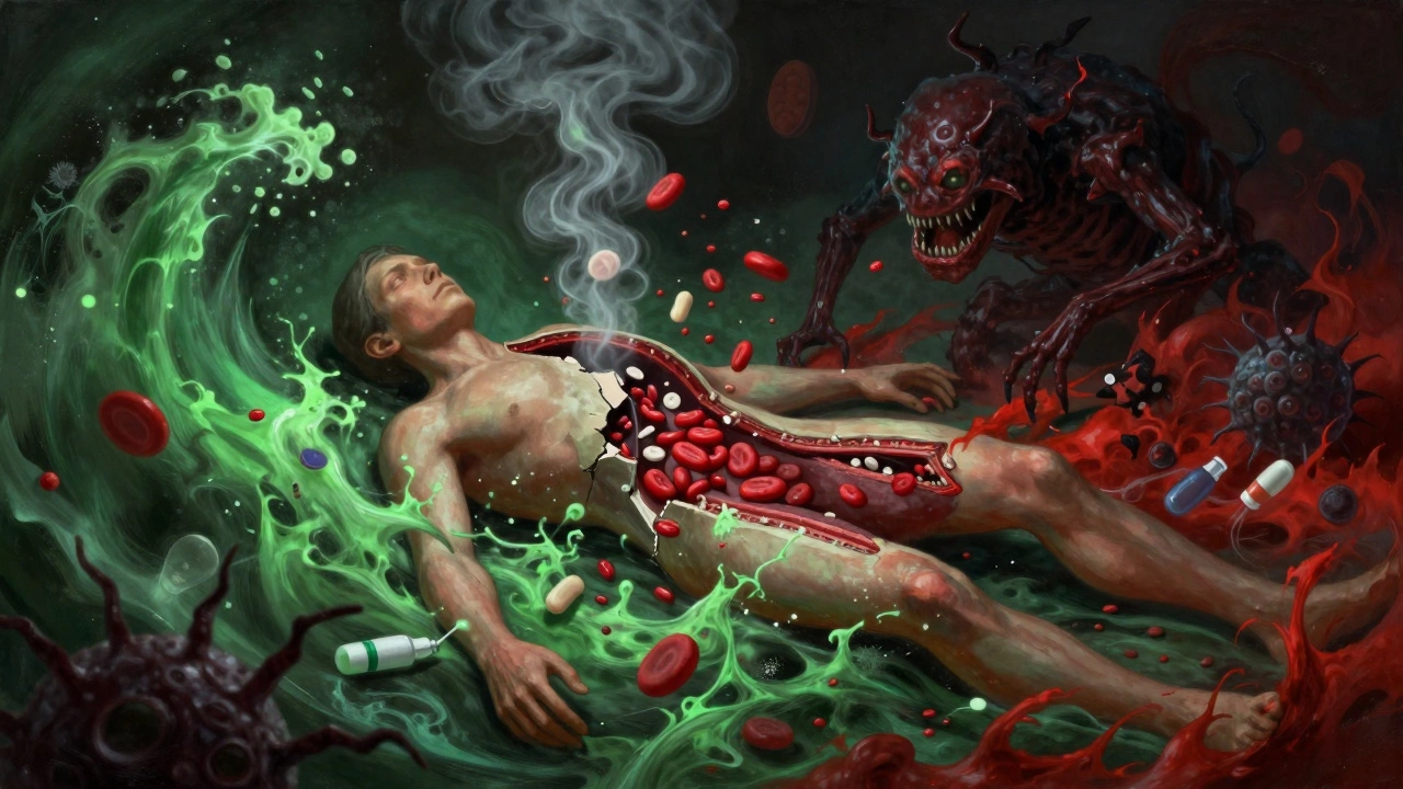 A symbolic depiction of bone marrow breaking down under chemotherapy, with toxic waves and faint stem cells floating nearby.