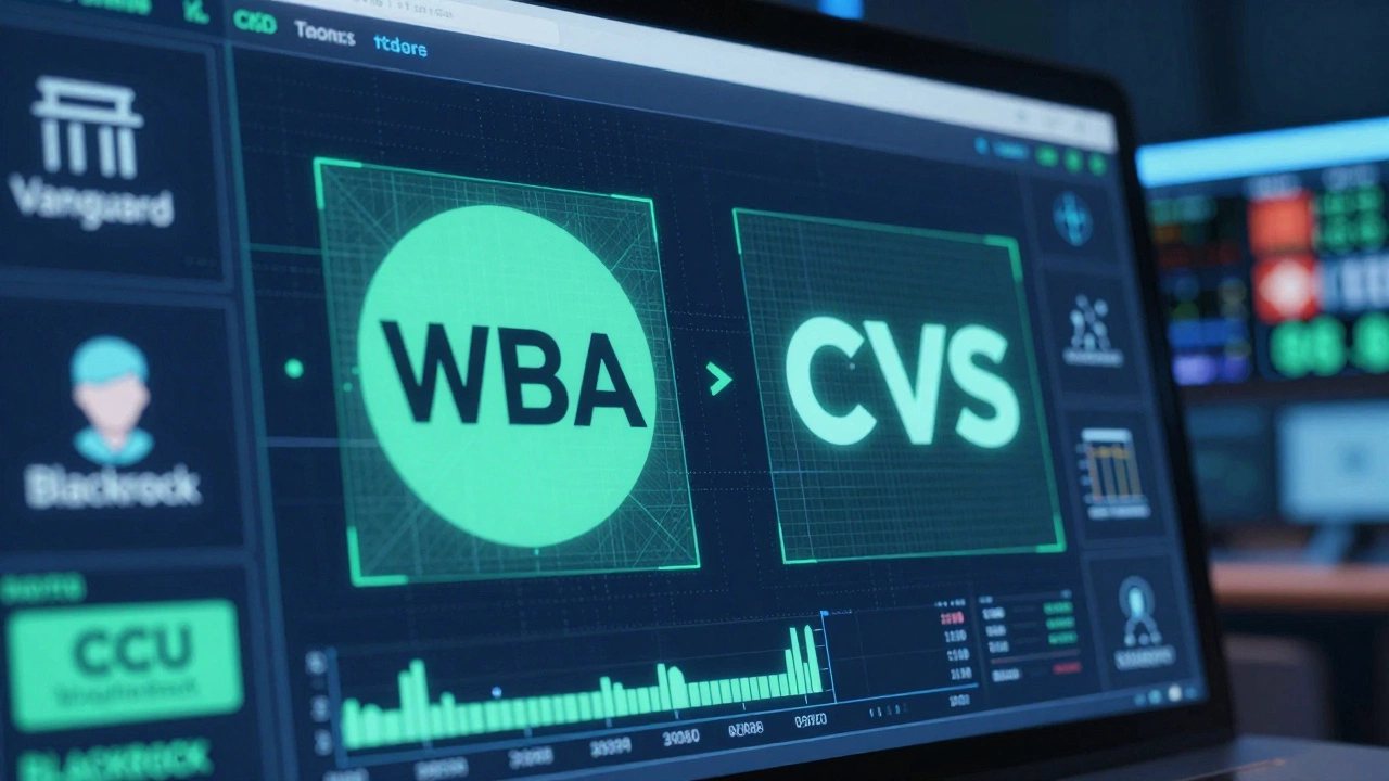 Abstract digital stock screen with institutional investor icons in neon lighting