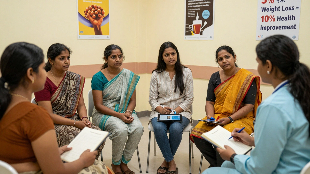 Diverse patients in a support group session at an Indian medical weight loss clinic