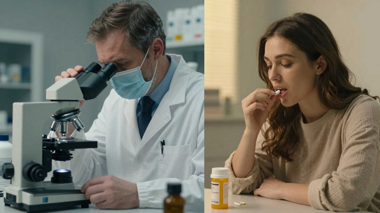 FDA inspector examining a supplement capsule beside a consumer taking pills at home.
