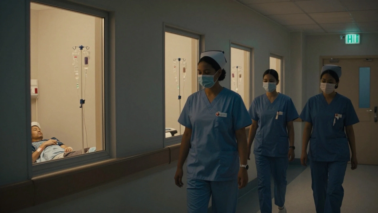 Nurses walking past isolation rooms at night, each containing a patient receiving high-dose chemotherapy treatment.