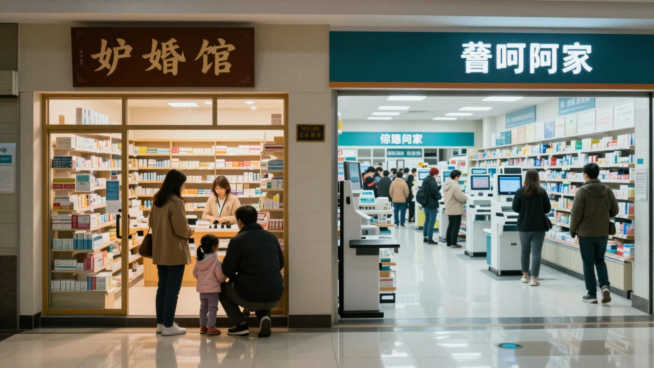 Small family pharmacy contrasted with large retail store showing industry scale difference
