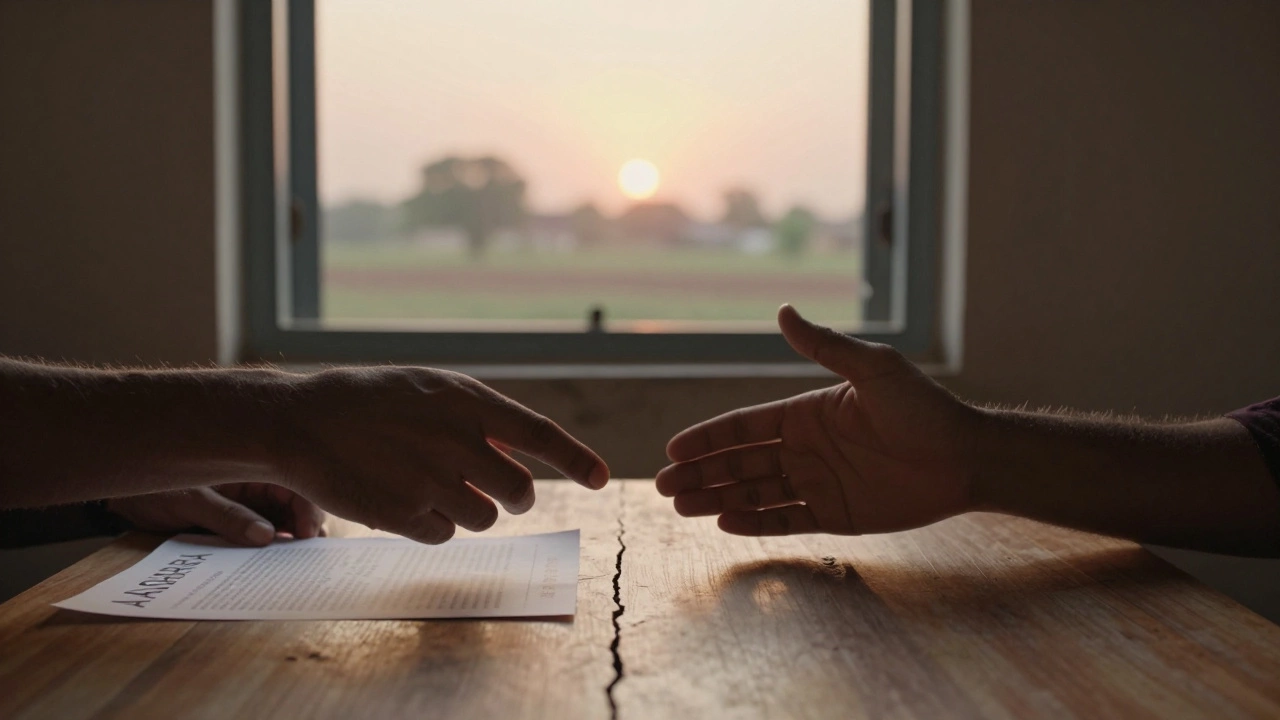 Two hands reaching across a wooden table — one holding a helpline flyer — as sunrise shines through a window behind them.